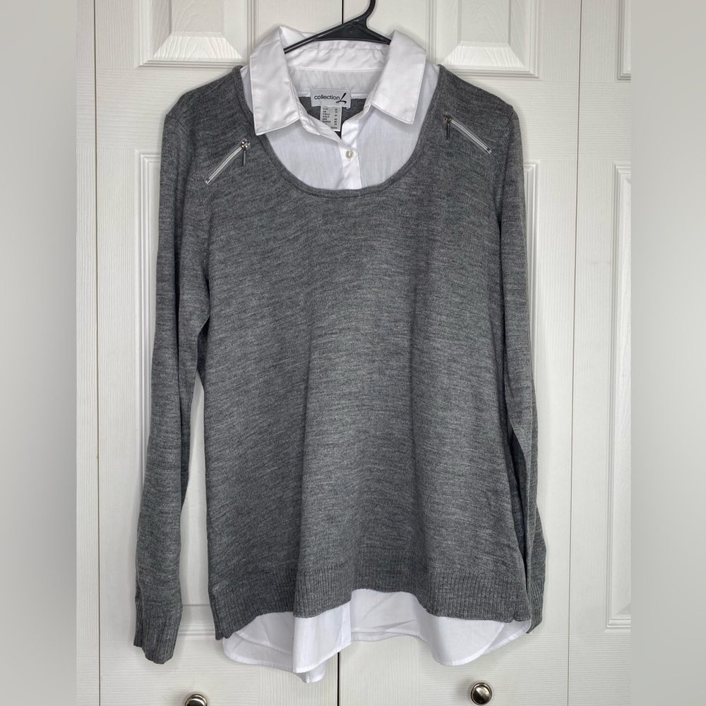 Women's Collection L Sweater Fooler Top Faux Zip Long Sleeve Gray Sz 10